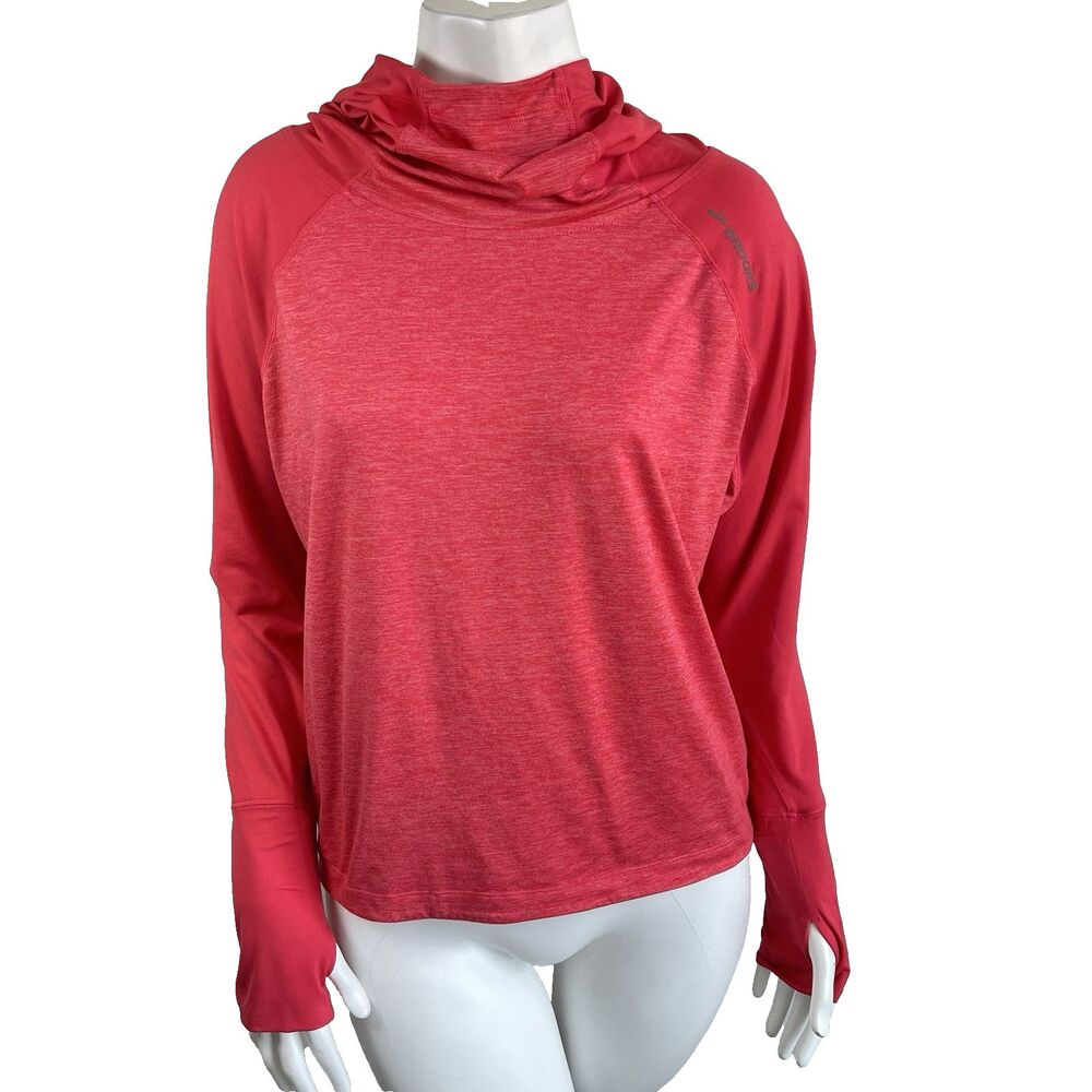 Brooks Women's S Long-Sleeve Funnel Neck Hooded Running Shirt Coral